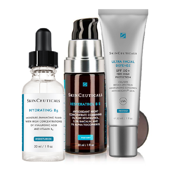 Trío SkinCeuticals Tratamiento Antioxidante Concentrado - Resveratrol B E + Hydrating B5  con Ultra Facial UV Defense SPF50