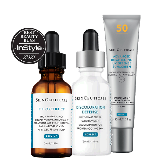 Trío SkinCeuticals Tratamiento Despigmentante 2- Phloretin CF serum + Discoloration Defense serum con Advanced Brightening UV Defense